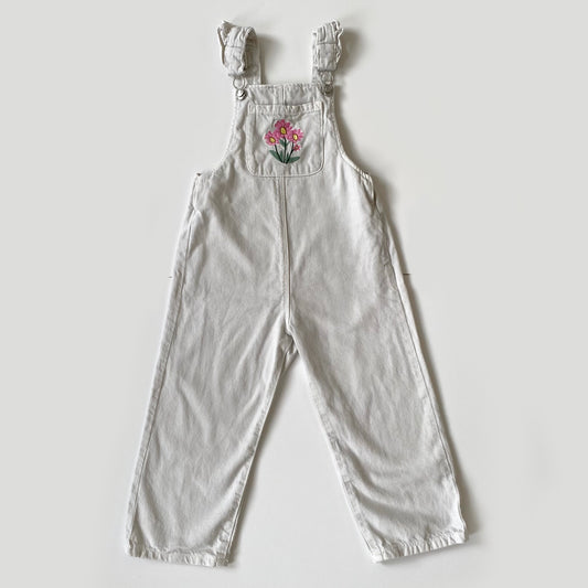 4-5Y Zara embroidered floral beige dungarees