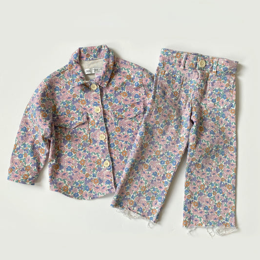 18-24M Zara ditsy floral wide leg jeans and denim jacket co-ord