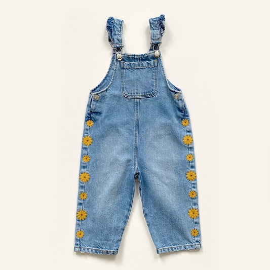 18-24M Zara blue denim dungarees with sunflower embroidery